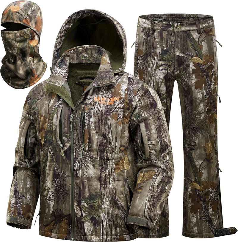 NEW VIEW Camo Hunting Clothes for Men, Quiet Warm Fleece Lining, Cold Weather Deer Hunting Jacket and Pants with Face Mask - Image 1